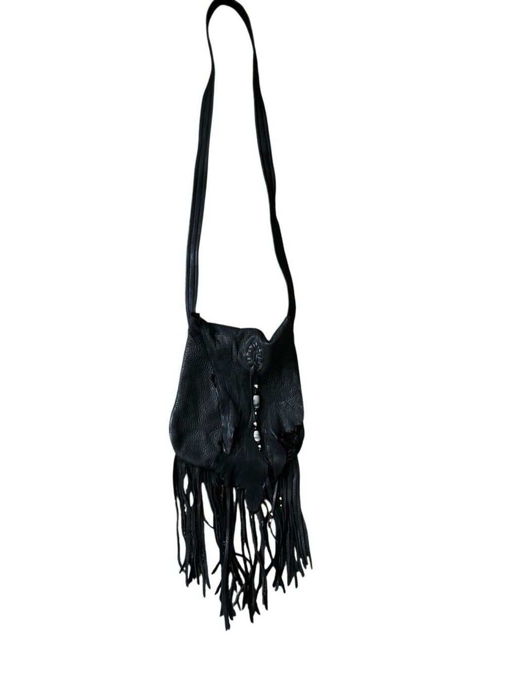 Artisan Handcrafted Black Deerskin Leather Fringe Crossbody Bag Beaded Southwest